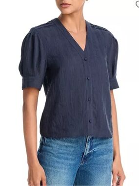 rag & bone Navy Textured V-Neck Button-Front Blouse